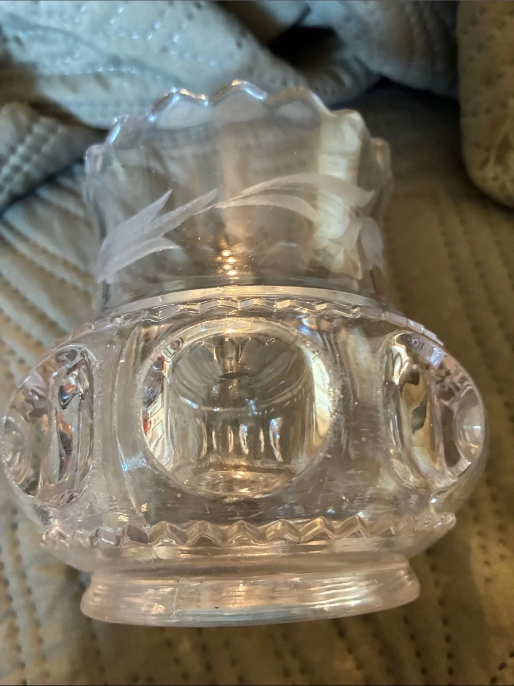 Vintage Clear Glass Decorative Holder with Etched Floral Design